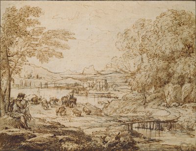 Nuoret leikkivät piippua pastoraalisessa maisemassa, 1640-luku tekijältä Claude Lorrain