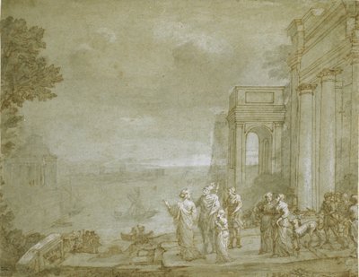 Näkymä Carthagesta Didon ja Aeneaksen kanssa, 1676 (kynä ja muste pesuaineella ja liidulla, korostettu valkoisella paperilla) tekijältä Claude Lorrain