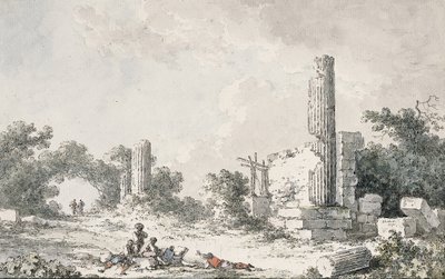 Castorin ja Polluxin temppelin rauniot, Agrigento, taiteilijoiden luonnostelemassa tekijältä Claude Louis Chatelet