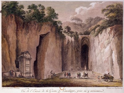 Näkymä Pausilippen (Posillipon) (tai "Grotta Vecchian") luolalle Napolin lähellä. piirros Chatelet tekijältä Claude Louis Chatelet