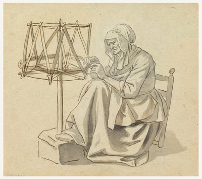 Piirros, Vanha nainen kehräämässä, 1810-30 tekijältä Claude Louis Desrais