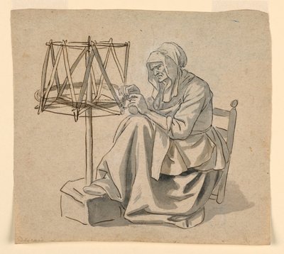 Piirros, Vanha nainen kehräämässä, 1810-30 tekijältä Claude Louis Desrais