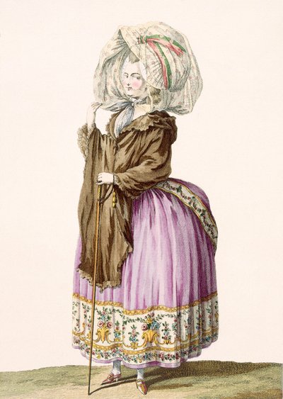 Polonoise, kaiverrus Voysard, levy nro 84 julkaisusta "Galeries des Modes et Costumes Francais", n. 1778-87 99:vaatteet; perinteinen asu; perinteinen puku; muoti; kuva; c tekijältä Claude Louis Desrais