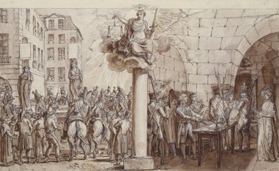Leski Morin ja hänen tyttärensä Angelique Delaporte Conciergeriessa ja rangaistu kahleilla julkisesti kiristysrikoksesta allekirjoitusten väkivallalla, 1812 (kynä, muste ja pesu paperille tekijältä Claude Louis Desrais