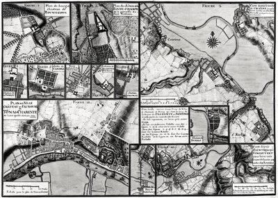 Fol.7 & 98 Kartta Charente-joen varrella sijaitsevista kaupungeista ja palatseista vuonna 1714, Recueil des Plans de Saintongesta (kynä & muste ja wc paperilla) tekijältä Claude Masse