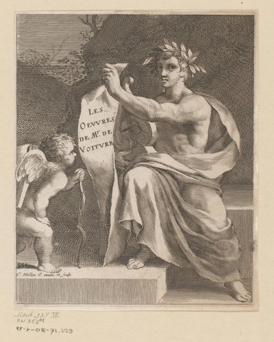 Apollo en een amor Herra de Voituren teokset (otsikko esineessä) Titelpagina voor: Vincent de Voiture, The Works of Vincent de Voiture, 1650 tekijältä Claude Mellan