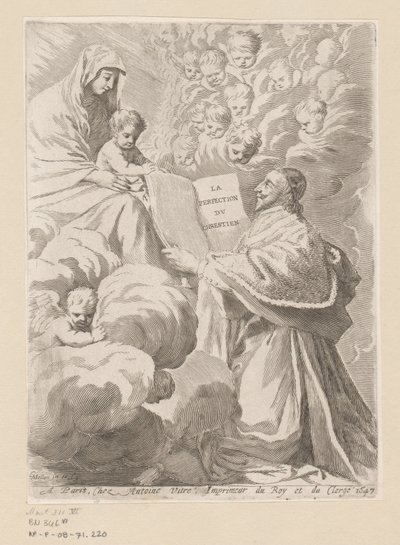 Armand-Jean du Plessis Richelieun herttua lahjoittaa kirjan Marialle lapsen kanssa Nimisivu: Armand-Jean du Plessis Richelieun herttua, Traité de la perfection du chrétien tekijältä Claude Mellan