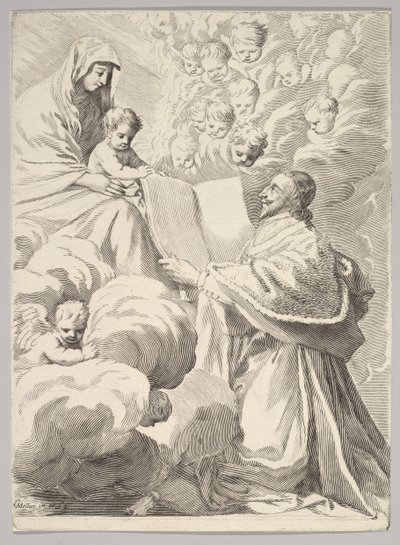 Kardinaali Richelieu, polvillaan, esittelee kirjansa neitsyelle ja lapselle, n. 1646. tekijältä Claude Mellan