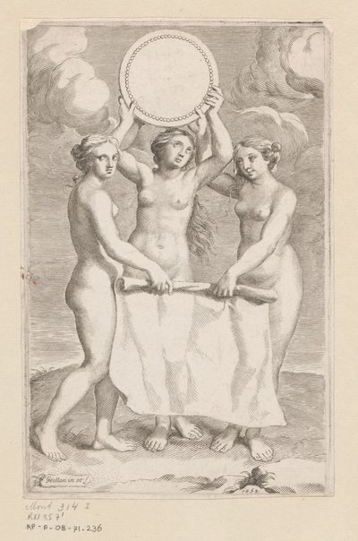 Kolme Gracea ja medaljonki Nimisivu: Balthazar de Vias, Charitum libri tres, 1660 tekijältä Claude Mellan