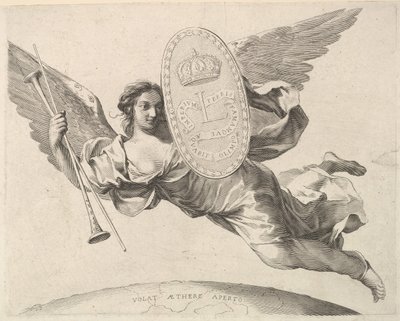 Fame Bearing a Shield Louis XIV:n nimikirjaimella La Renommée volant. tekijältä Claude Mellan