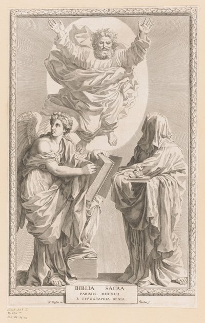 Jumala historian ja profetian persoonallisuudella Nimisivu: Biblia Sacra, 1642 tekijältä Claude Mellan