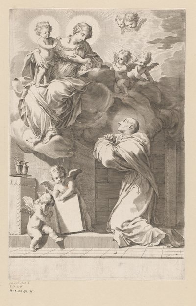 H. Bernard polvistumassa Neitsyen ja Lapsen ilmestyksen edessä Nimisivu: Saint Bernardus, Divi Bernardi Abbatis (...), 1640 tekijältä Claude Mellan