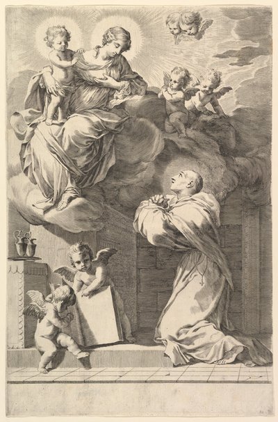 Pyhä Bernard polvistumassa Neitsyen ja Lapsen edessä, 1640. tekijältä Claude Mellan