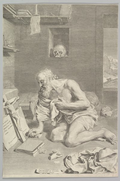 Pyhä Hieronymus rukoilemassa sellissään Pyhä Hieronymus katuva, 1665. tekijältä Claude Mellan