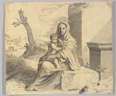 Neitsyt ja lapsi istuvat kalliolla Neitsyt ja lapsi raunioissa, 1659. tekijältä Claude Mellan