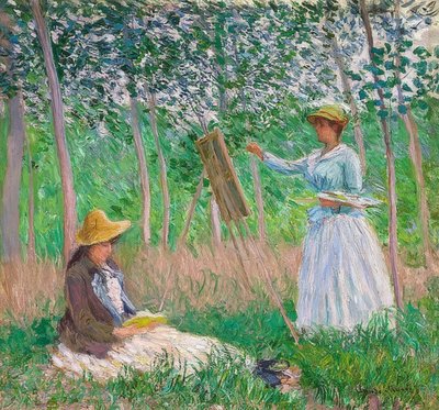 Givernyn puutarhassa: Blanche Hoschedé maalaustelineen ääressä ja Suzanne Hoschedé lukemassa. 1887 tekijältä Claude Monet
