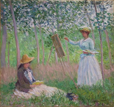 Givernyn metsässä: Blanche Hoschede maalaustelineensä ääressä ja Suzanne Hoschede lukemassa, 1887. tekijältä Claude Monet