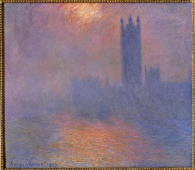 Lontoo, parlamentti, auringonpaiste sumussa tekijältä Claude Monet