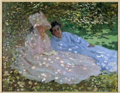 Rouva Monet ja ystävä puutarhassa. Kaksi naista istuu puun varjossa. Claude Monet