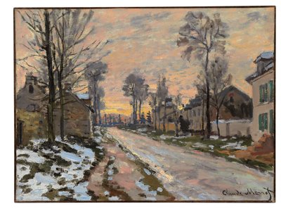 Tie Louveciennesiin, lumen sulaminen, laskeva aurinko, n. 1869-70 tekijältä Claude Monet