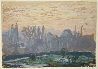 Talvimaisema ja iltataivas, n.1870-80 (pastelli, liitu, paperi) tekijältä Claude Monet