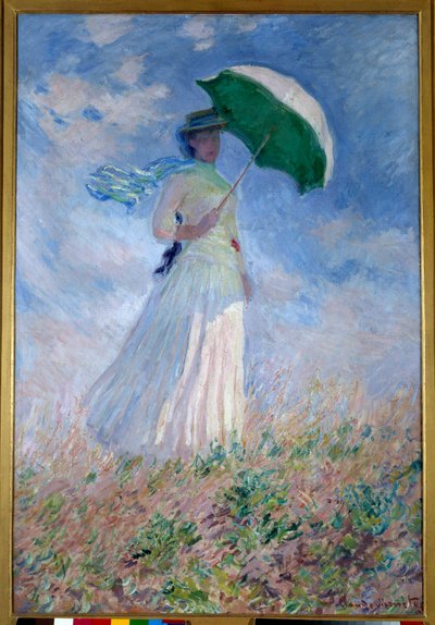 Nainen, jolla on päivänvarjo käännettynä oikealle tekijältä Claude Monet
