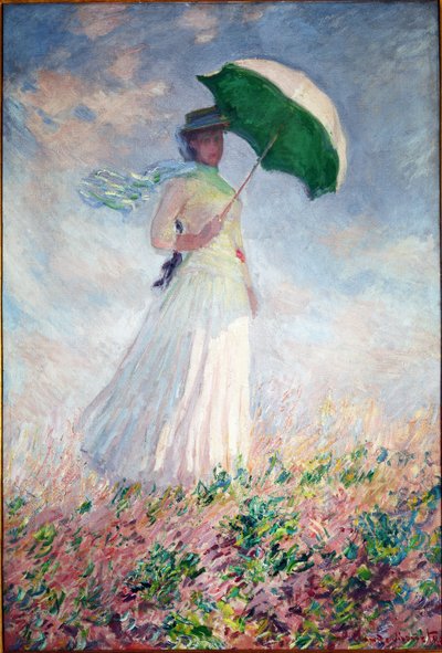 Nainen, jolla on aurinkovarjo, kääntynyt oikealle tekijältä Claude Monet