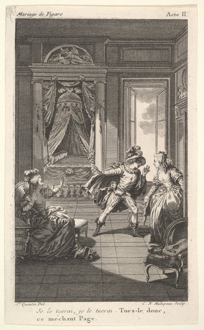 Mies nojaa oikealla ovella seisovaa naista kohti, vasemmalla istuva nainen nostaa..., n. 1784. tekijältä Claude Nicolas Malapeau