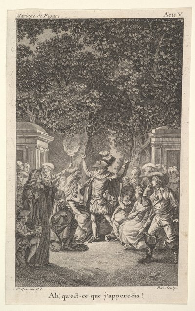 Nuori poika pitää taskulamppua puutarhan puiden alla, keskellä mies nostaa molemmat kädet, s..., n. 1784. tekijältä Claude Nicolas Malapeau