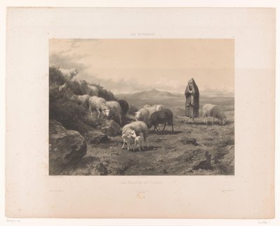 Paimentar lampaiden kanssa Cantalin tasangolla Les Vallées du Cantal (otsikko esineessä) Laitumet (sarjan nimi) Les paturages (sarjan nimi esineellä) tekijältä Claude Thielley