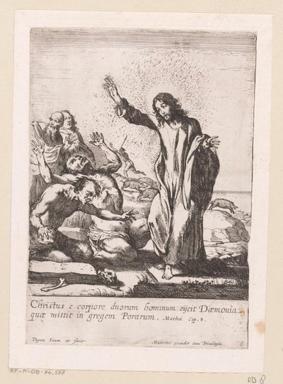 Kristus lunastaa kaksi riivattua demoneista Miracula Domini Nostri Jesu Christi (sarjan nimi) Kristuksen ihmeet (sarjan nimi) tekijältä Claude Vignon