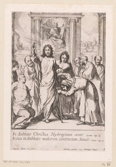 Ontuvan miehen ja kiero naisen parantaminen sapattina Miracula Domini Nostri Jesu Christi (sarjan nimi) Kristuksen ihmeet (sarjan nimi) tekijältä Claude Vignon