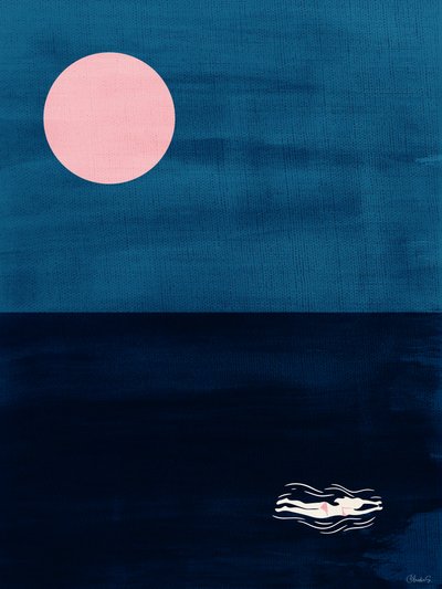 Midnight Swim Pink Moon -abstrakti meriaiheinen taidejuliste tekijältä Claudia Spano'