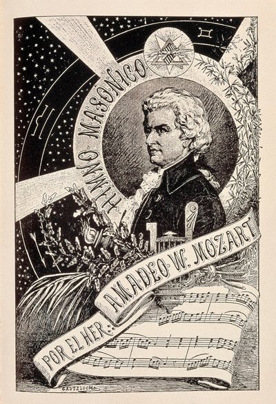 Edustus itävaltalaisesta säveltäjästä Wolfgang Amadeus Mozartista (1756-1791), vapaamuurarien jäsenestä, joka liittyy Vapaamuurariuden Encyclopedic Dictionary -sanakirjaan, 1800-luvun loppu - 1900-luvun alku (kaiverrus) tekijältä Claudio Castelucho