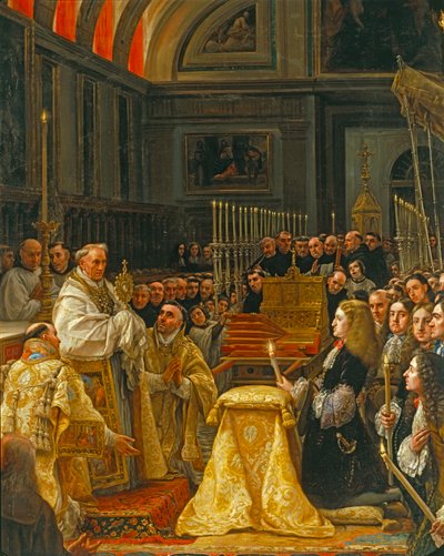 Espanjan kuningas Carlos II:n Sagrada Forman palvominen. tekijältä Claudio Coello