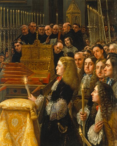 Espanjan kuningas Carlos II:n Sagrada Forman palvominen. tekijältä Claudio Coello