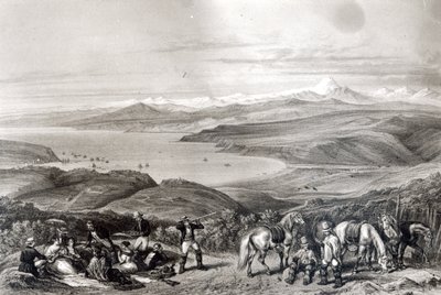 Kaukainen näkymä Aconcaguan tulivuorelle, F. Lehnertin kaivertama "Historia de Chile" tekijältä Claudio Gay