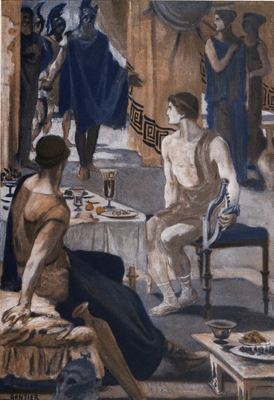 Akhilleus ottaa vastaan Agamemnonin lähettiläitä. Clement Gontierin (1876-1918) kuvitus Homeren "Iliadille" (Omero). Paris, Henri Laurens tekijältä Clement Gontier