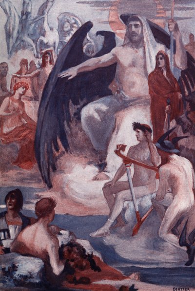 Jupiterin puolustus troijalaisten tai kreikkalaisten pelastamiseksi. Clement Gontierin (1876-1918) kuvitus Homeren "Iliadille" (Omero). Paris, Henri Laurens tekijältä Clement Gontier