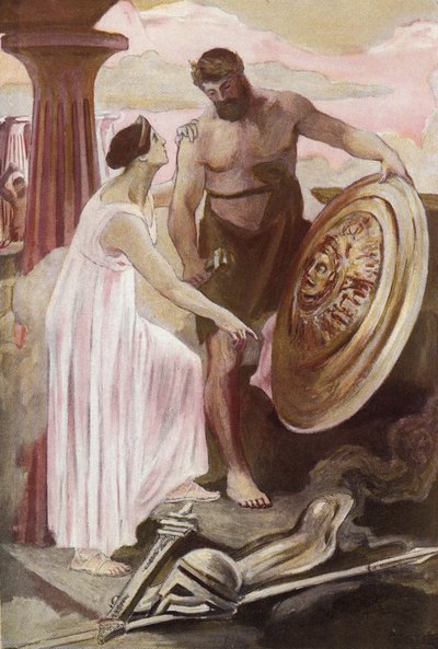 Vulcanin luoma Akhilleuksen kilpi. Clement Gontierin (1876-1918) kuvitus Homeren "Iliadille" (Omero). Paris, Henri Laurens tekijältä Clement Gontier