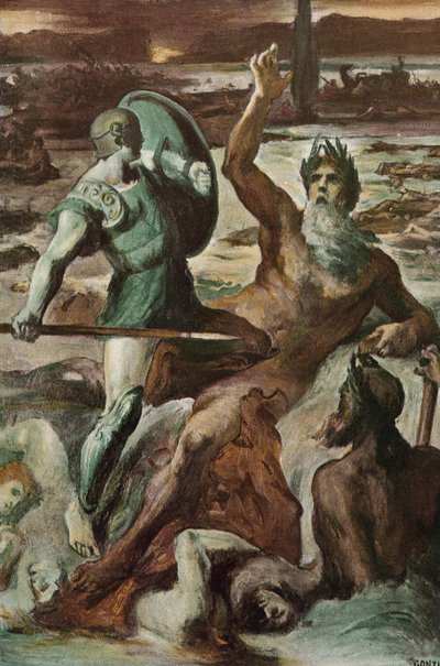 Akilleuksen ja Scamander-joen taistelu. Clement Gontierin (1876-1918) kuvitus Homeren "Iliadille" (Omero). Paris, Henri Laurens tekijältä Clement Gontier