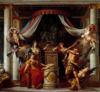 Vallankumouksen allegoria: keskustassa Minerve luovuttaa Herculesille salaisuuden, joka kumoaa Ancien-hallinnon paheet. Clement Bellen (1722-1806) maalaus 1794 Sun. 3,56x3,86 m tekijältä Clement Louis Marie Anne Belle