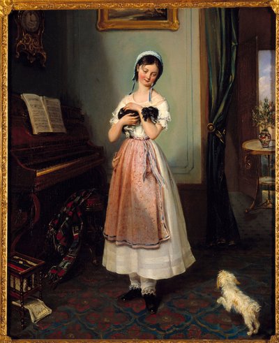 Nuori tyttö porvarillisessa sisustuksessa kahden koiran kanssa. Clementine de Barin (1807-1856) maalaus 1800-luvun Pariisi, Galerie Garoche tekijältä Clementine de Bar