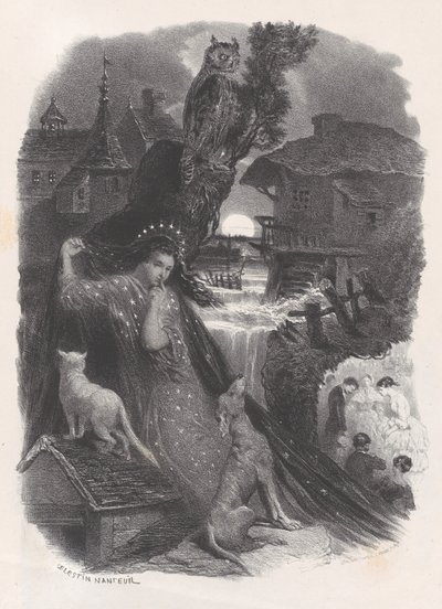 Yö, vinjetti tyttö 1700-luvun puvussa poimimassa ruusuja versossa, n. 1830-65. tekijältä Célestin Nanteuil