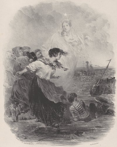 Nainen meren rannalla Madonnan kanssa, osoittaa laivaa, n. 1848-62. tekijältä Célestin Nanteuil