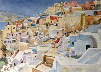 Santorini, Oia, 2018 (akvarelli) tekijältä Clive Wilson