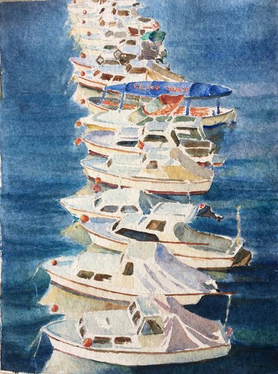 Auringonlasku, Dubrovnikin satama, 2011 (akvarelli) tekijältä Clive Wilson