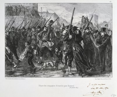Ranskan ja Preussin sota 1870-1871: Buzenvalin taistelu (Mount Valerien) lähellä Versaillesia 19. tammikuuta 1871. Garde National marssi taisteluun ja tappioon. Clement August Andrieux