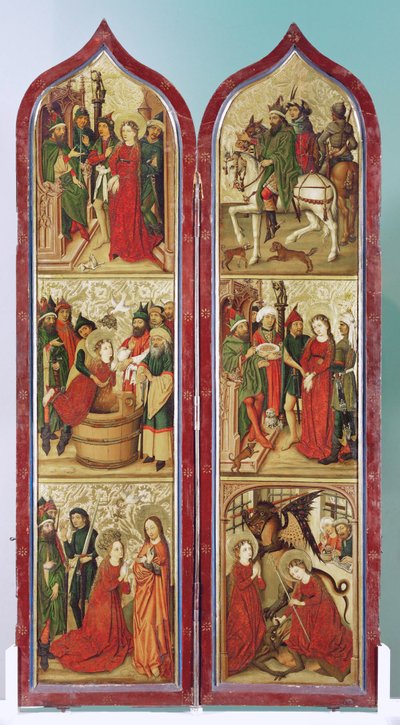 Pyhän Margaretan legenda, alttari Saint Madeleinen luostarista Strasbourgissa. tekijältä Coburg Master