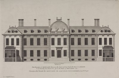 Montague Housen korkeus Great Russell Streetin hoviin, Holborn, n. 1725 (kaiverrus) tekijältä Colen Campbell